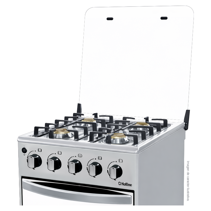 Estufa a gas 20" HLGR456F Hotline, 4 quemadores, mesa de acero inoxidable, parrillas de acero fundido, tapa de vidrio