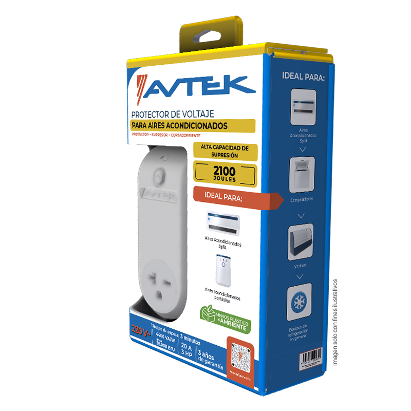 Protector de voltaje PETAS-1T620 con alta capacidad de supresión para aires acondicionados 220VAC, 4400 VA, 36000 BTU. AVTEK