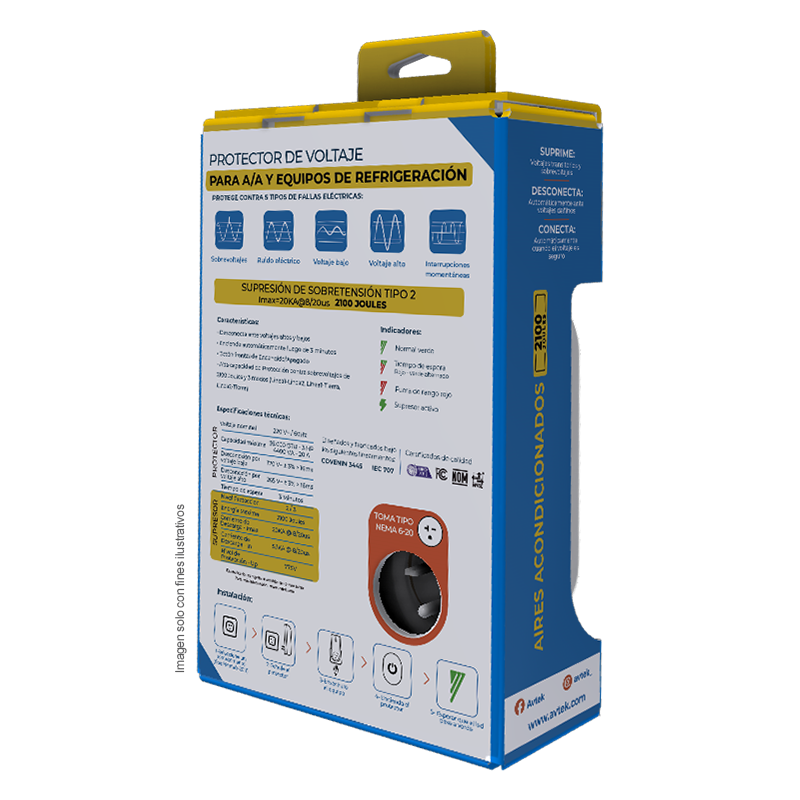 Protector de voltaje PETAS-1T620 con alta capacidad de supresión para aires acondicionados 220VAC, 4400 VA, 36000 BTU. AVTEK