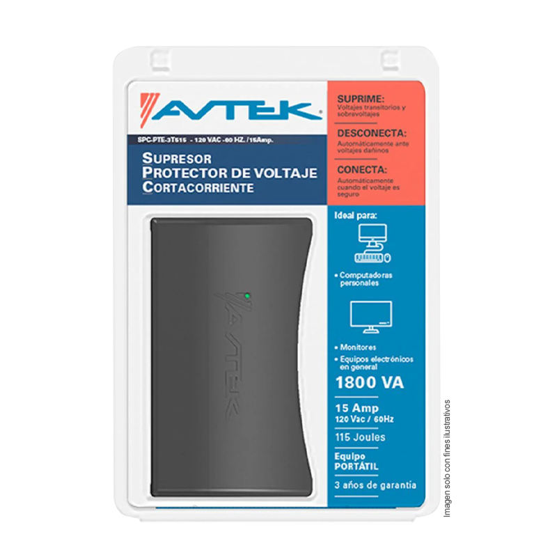 Multi protector de voltaje para equipos electrónicos P3T-1821 AVETK, 1800VA-15AMPS 115JOULES -120VAC 3TOMAS+2USB 2.4AMPS