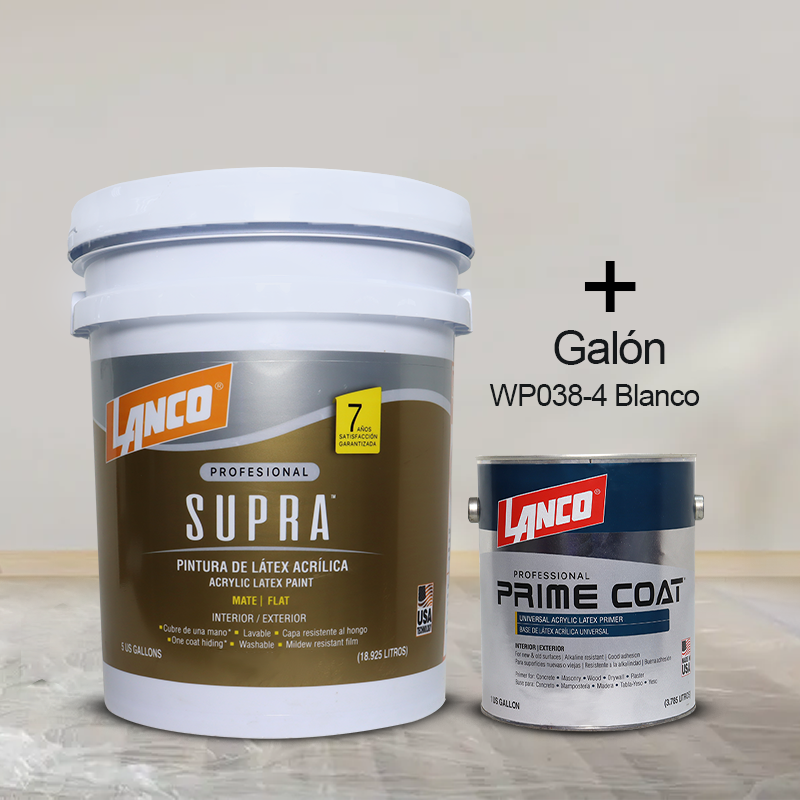 Combo Tanque de 5 galones pintura Supre Latex mate pastel VA958-2 + Galón Prime Coat WP038-4 blanco