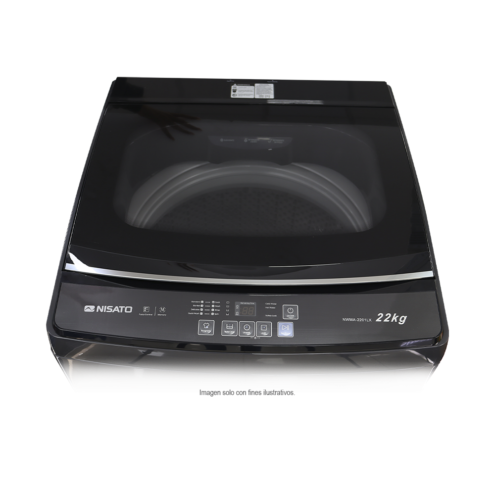 Lavadora automática 22kg, NWMA-2201LX  Nisato, de carga superior con bomba y tapa de vidrio