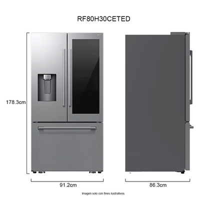 Refrigerador French Door 30 PC RF80H30CETED Samsung Auto-View FDR, Zero Clearance (4mm), Curved, Crushed (Fridge) + Whisky Balls (Freezer)