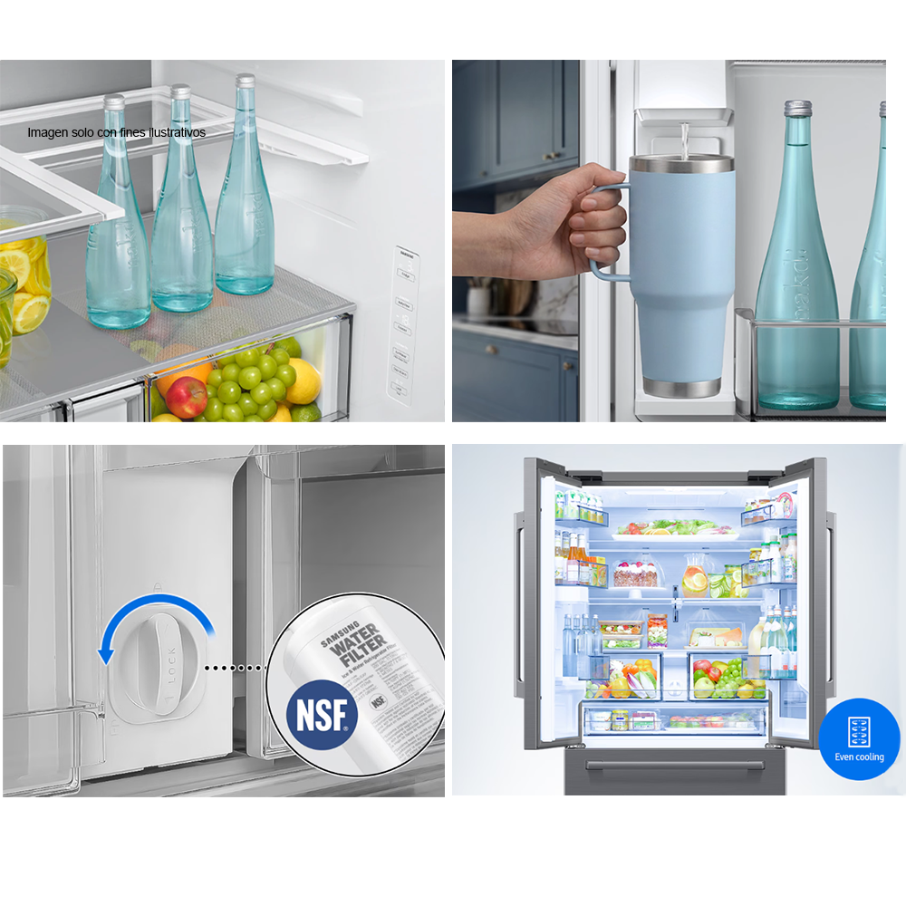 Refrigeradora French Door 30pc, RF80H30JETED Samsung, Tecnología AutoView, Diseño Zero Clearance Fit, Dispensador interno de agua