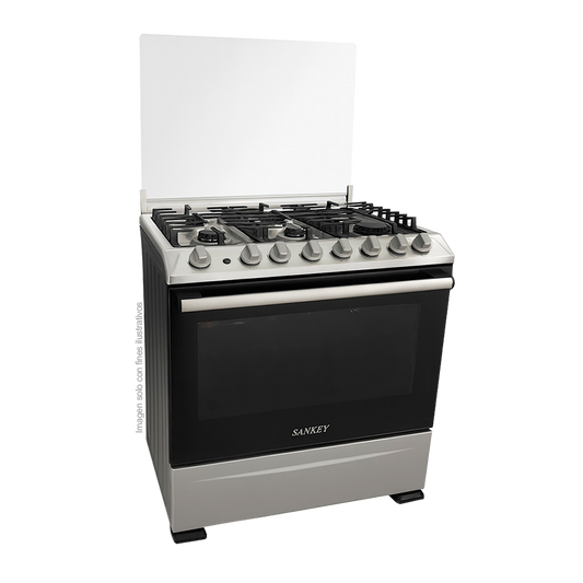 Estufa a gas 30" modelo LYRA GSS6, Sankey, 6 quemadores, sobre de acero inoxidable, horno de 120 litros, temporizador.