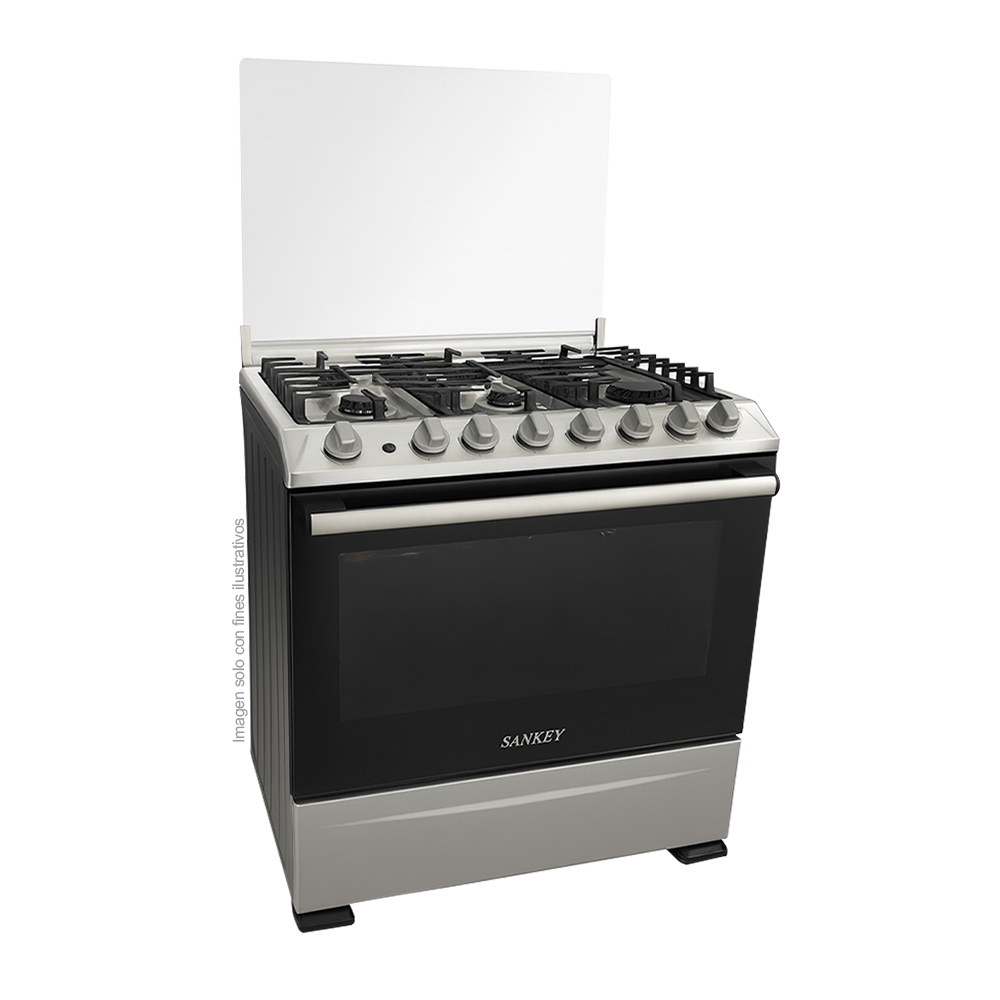 Estufa a gas 30" modelo LYRA GSS6, Sankey, 6 quemadores, sobre de acero inoxidable, horno de 120 litros, temporizador.