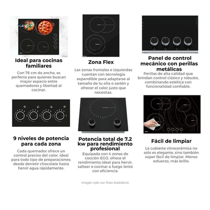 Estufa empotrable Bari 76-A Drija | 4 quemadores Europeos EGO | superficie Vitrocerámica color negro | 220V - 50-60Hz