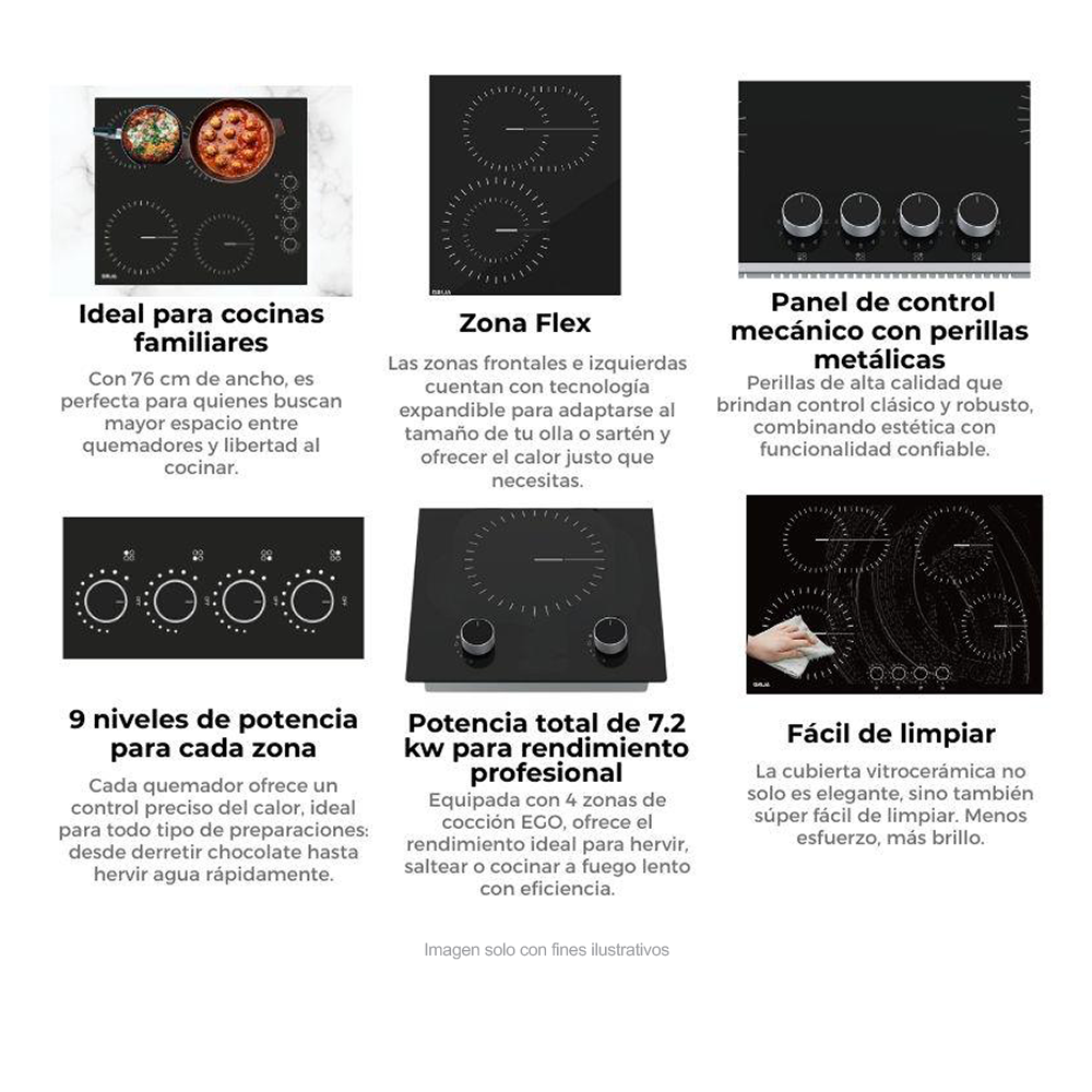 Estufa empotrable Bari 76-A Drija | 4 quemadores Europeos EGO | superficie Vitrocerámica color negro | 220V - 50-60Hz