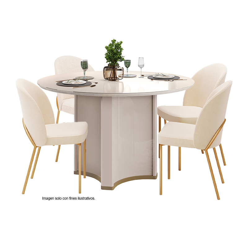 JUEGO DE COMEDOR CHANEL 4 PUESTOS - REDONDO MADERA/VIDRIO 1360X1360X30 04 SILLAS LIZY DORADO/BLANCO PERLA 38909.174983333