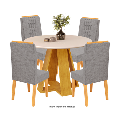 Juego de comedor redondo de 4 puestos modelo Celeste, cedro Off - Lino niebla