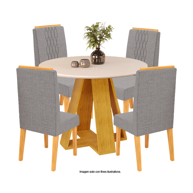 Juego de comedor redondo de 4 puestos modelo Celeste, cedro Off - Lino niebla