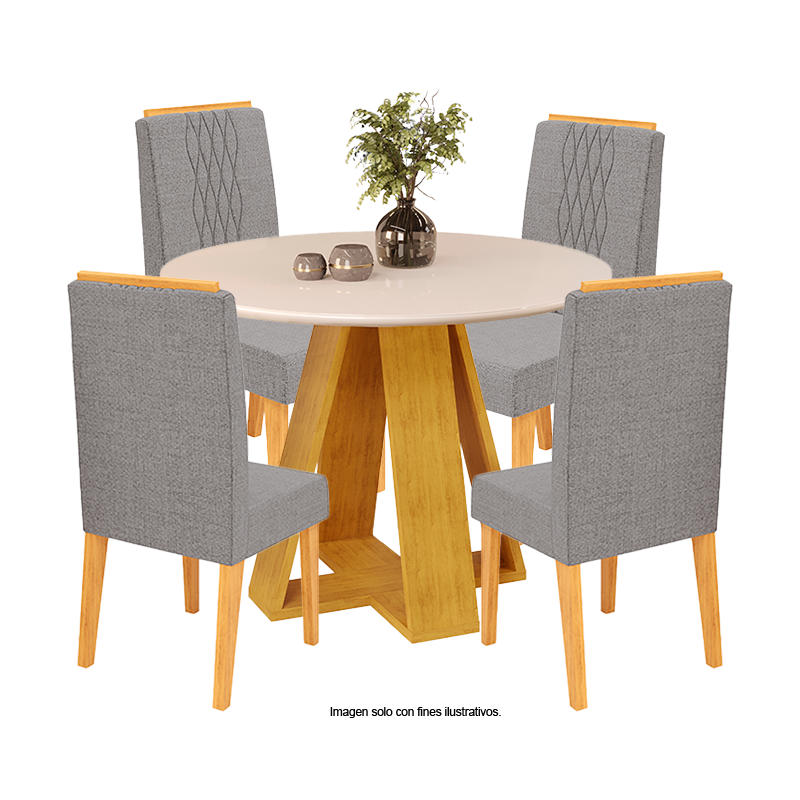 Juego de comedor redondo de 4 puestos modelo Celeste, cedro Off - Lino niebla