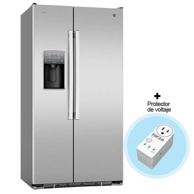 Combo de refrigeradora 22pc Side by Side PNM22LETFSS GE, + Protector de voltaje FVP-1201B forza