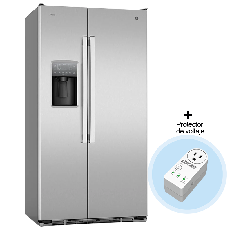 Combo de refrigeradora 22pc Side by Side PNM22LETFSS GE, + Protector de voltaje FVP-1201B forza