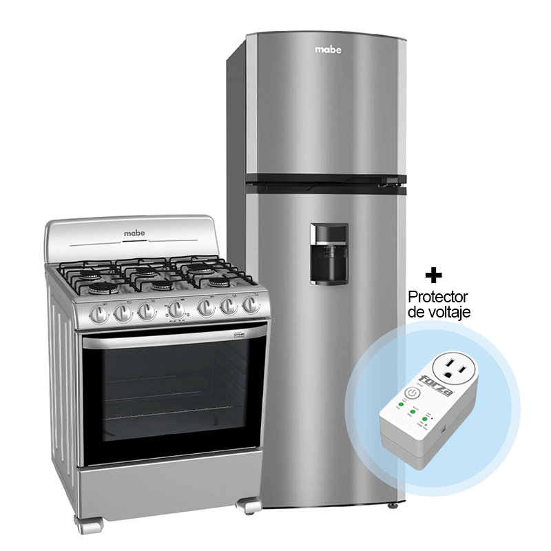 Combo de refrigeradora 9pc RMA250PJMRU1 Mabe + Estufa a gas 30", 6 quemadores Mabe + Protector de voltaje FVP-1201B Forza