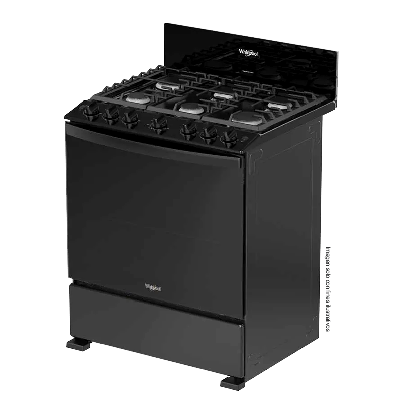 Estufa a gas de 30" LWFR3400B Whirlpool, cubierta porcelanizada, 6 quemadores, respaldo de cristal templado.