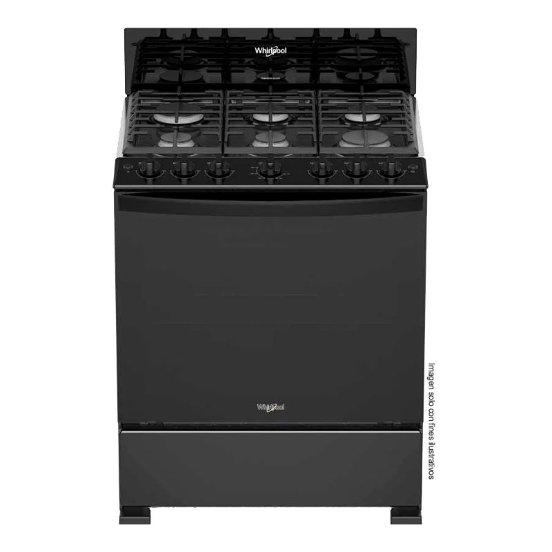 Estufa a gas de 30" LWFR3400B Whirlpool, cubierta porcelanizada, 6 quemadores, respaldo de cristal templado.