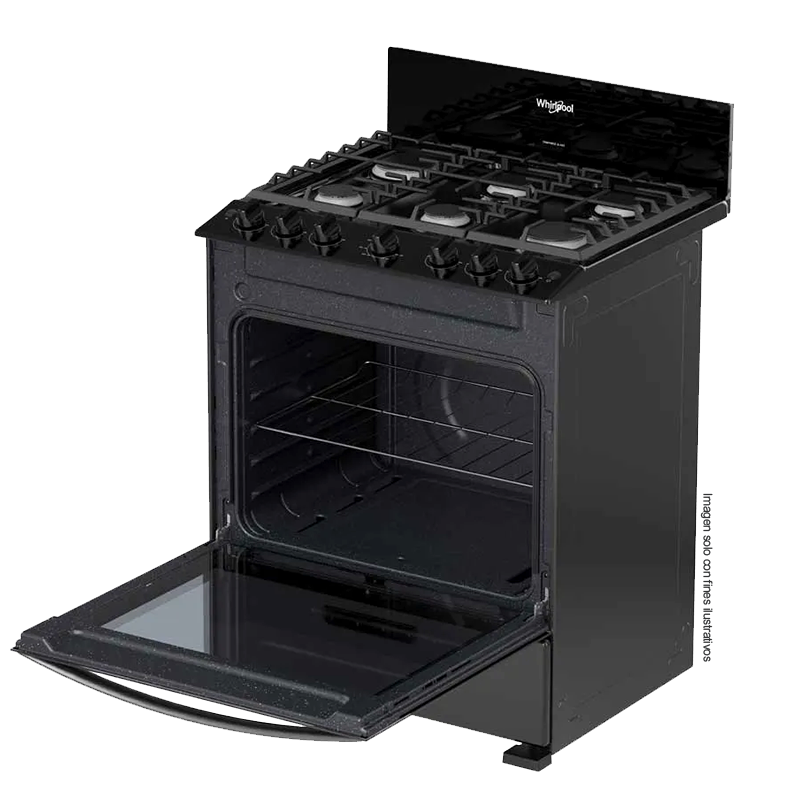 Estufa a gas de 30" LWFR3400B Whirlpool, cubierta porcelanizada, 6 quemadores, respaldo de cristal templado.