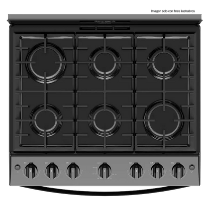 Estufa a gas de 30" LWFR3400B Whirlpool, cubierta porcelanizada, 6 quemadores, respaldo de cristal templado.