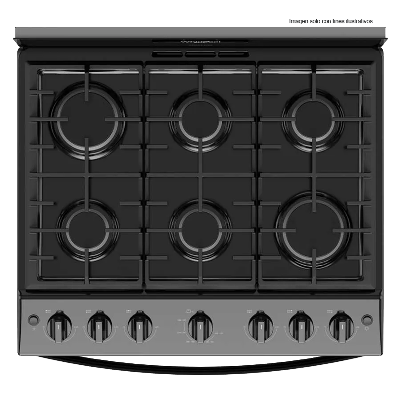 Estufa a gas de 30" LWFR3400B Whirlpool, cubierta porcelanizada, 6 quemadores, respaldo de cristal templado.