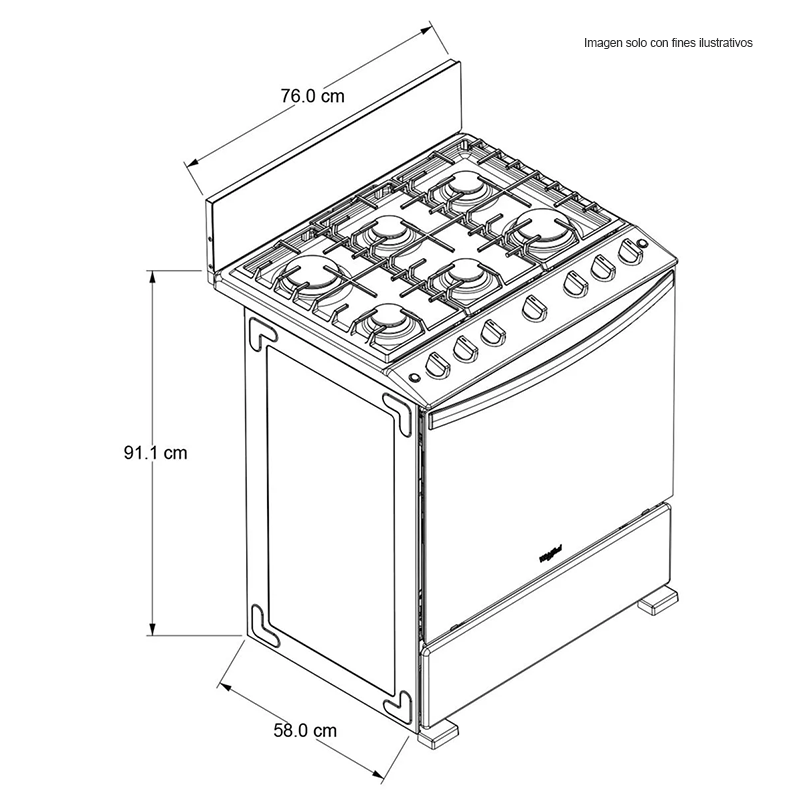 Estufa a gas de 30" LWFR3400B Whirlpool, cubierta porcelanizada, 6 quemadores, respaldo de cristal templado.