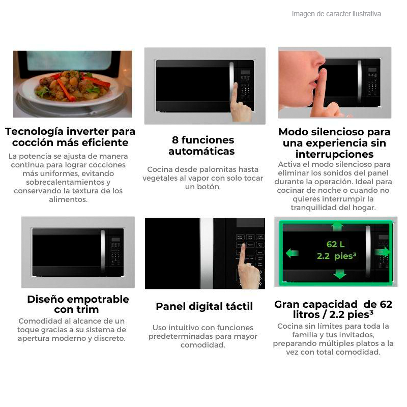 Horno microondas empotrable inverter VENETO 62L BLACK-I, 62 litros, Trim de acero inoxidable, panel digital, 8 funciones automáticas.