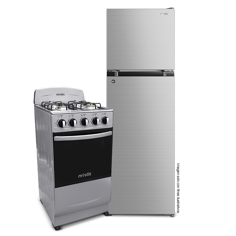 Combo de refrigeradora Top Mount de 6.11pc + Estufa a gas de 20" 4 quemadores y horno de 50 litros. MYSTIC