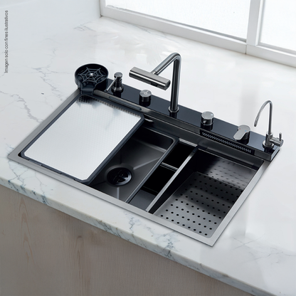 Fregador diseño de lujo 76cm, Amalfi 84. Acero inoxidable satinado 304 espesor de birde 3mm.