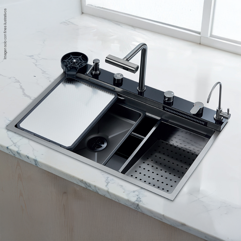 Fregador diseño de lujo 76cm, Amalfi 84. Acero inoxidable satinado 304 espesor de birde 3mm.