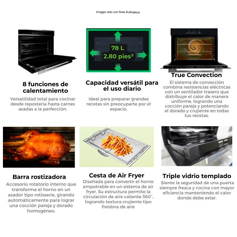 Horno eléctrico empotrable PACIFIC 76 Air-A, Drija, capacidad de 78 litros. control digital.