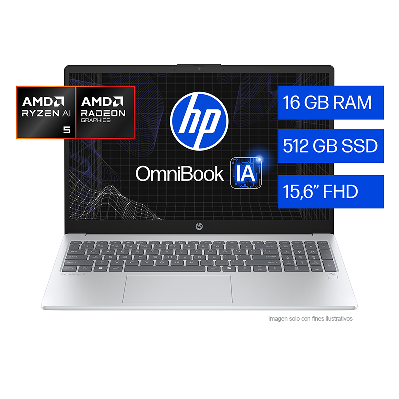 Laptop OmniBook 3 Next Gen AI 15-fn0053la HP, AMD Ryzen AI 5, 16 GB RAM, 512 GB SSD, 15.6" FHD, Windows 11 Home