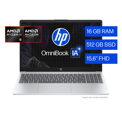 Laptop OmniBook 3 Next Gen AI 15-fn0053la HP, AMD Ryzen AI 5, 16 GB RAM, 512 GB SSD, 15.6" FHD, Windows 11 Home