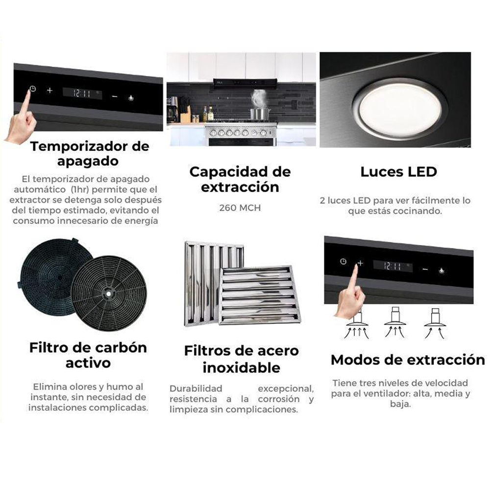 Extractor de grasa, Slim Touch 90, Drija, panel digital, tipo de montaje en pared, voltaje 110V - 60 Hz