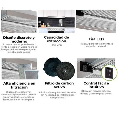Extractor de grasa empotrable59.8cm, Retráctil 60 acero inoxidable, diseño discreto y moderno, panel digital táctil, extracción de 270MCH, 2 velocidades de extracción