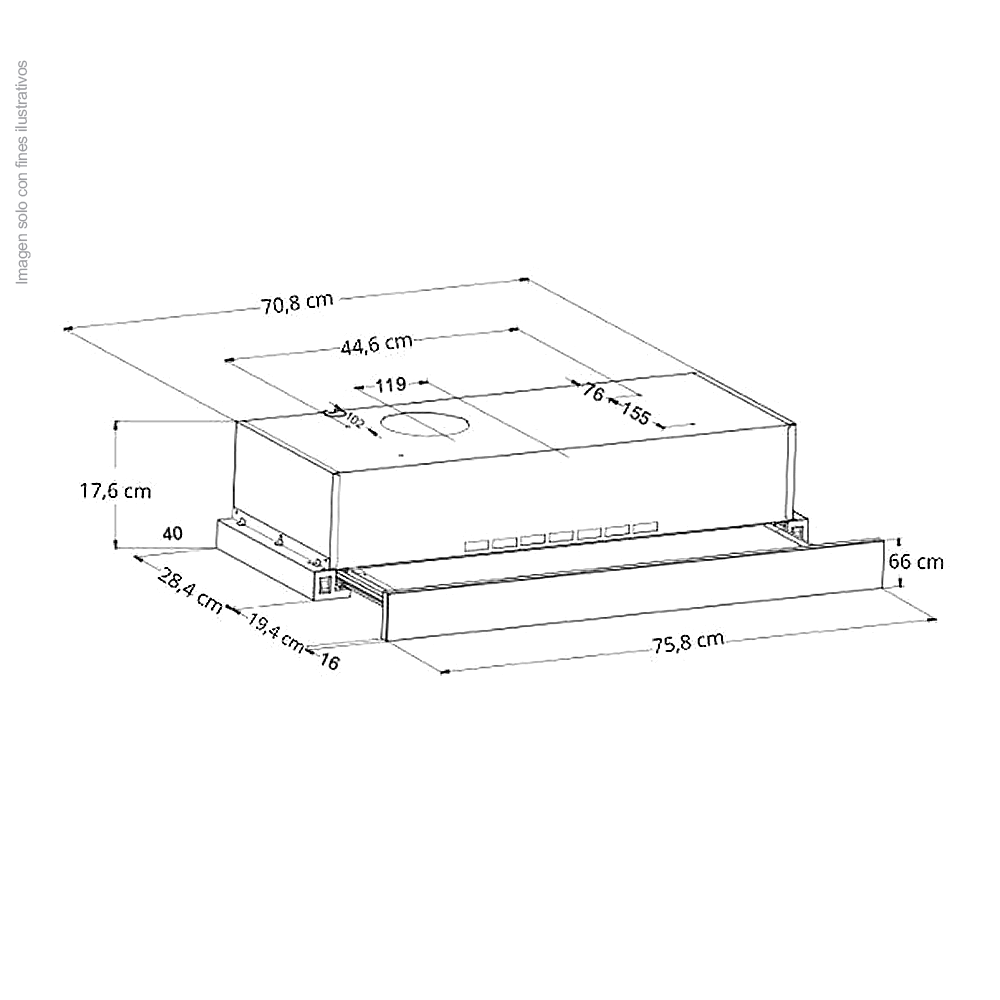 Extractor de grasa empotrable 75.8cm, Retráctil 76 Drija, de acero inoxidable, extracción de 270MCH, voltaje 120V-60Hz