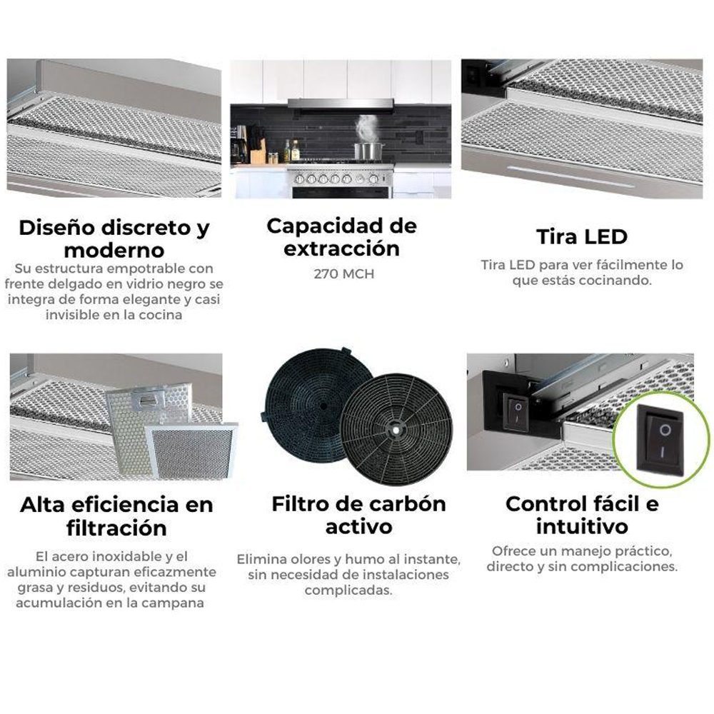 Extractor de grasa empotrable 75.8cm, Retráctil 76 Drija, de acero inoxidable, extracción de 270MCH, voltaje 120V-60Hz