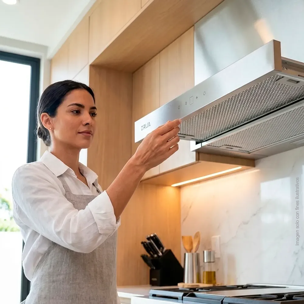 Extractor de grasa empotrable 89.8cm, Retráctil 90 acero, Drija, diseño discreto y moderno, extracción de 270MCH, 2 velocidades de extracción.