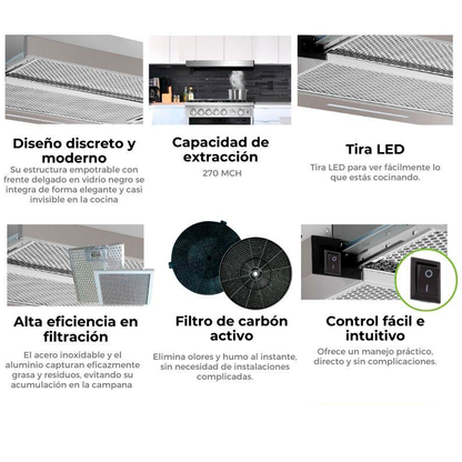 Extractor de grasa empotrable 89.8cm, Retráctil 90 acero, Drija, diseño discreto y moderno, extracción de 270MCH, 2 velocidades de extracción.