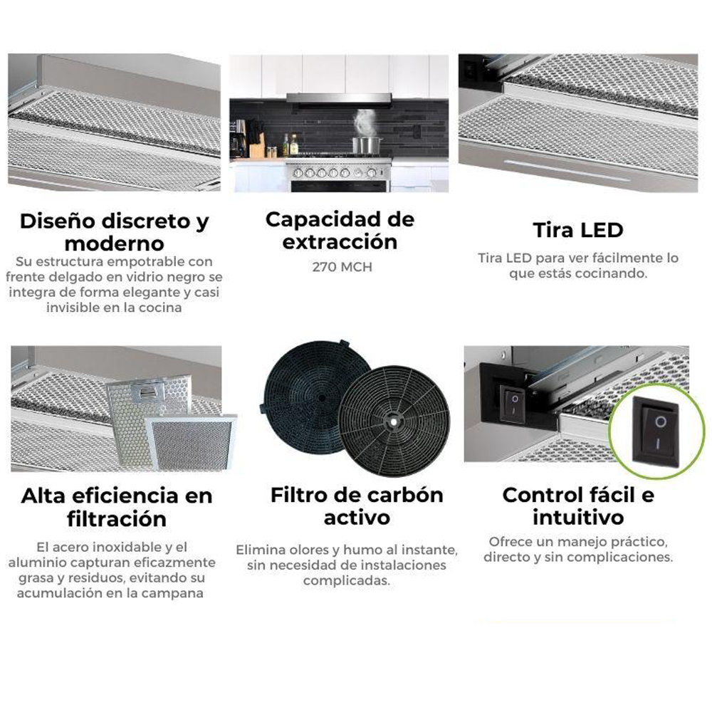 Extractor de grasa empotrable 89.8cm, Retráctil 90 acero, Drija, diseño discreto y moderno, extracción de 270MCH, 2 velocidades de extracción.