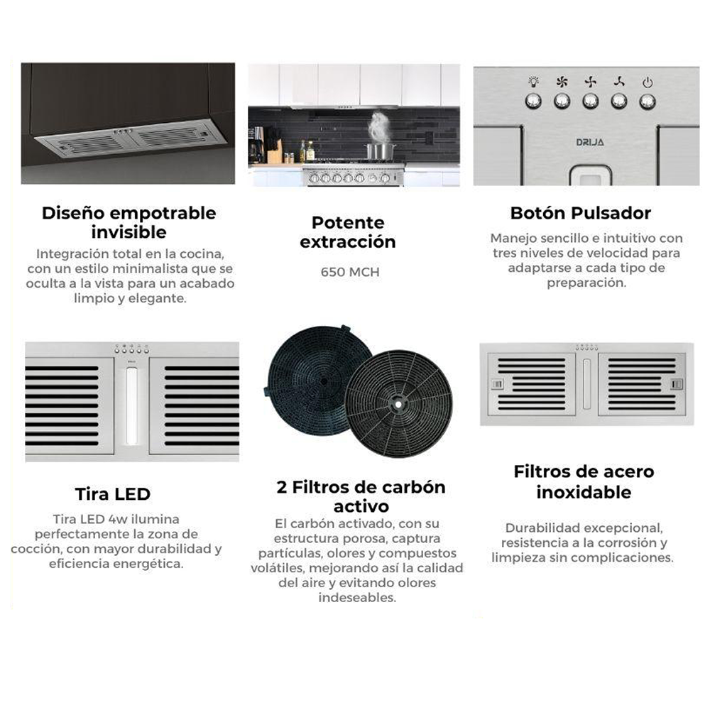 Extractor de grasa empotrable 74,8cm, modelo Invisible 76-I Drija, acero inoxidable, extracción de 650MCH, voltaje 120V-60Hz