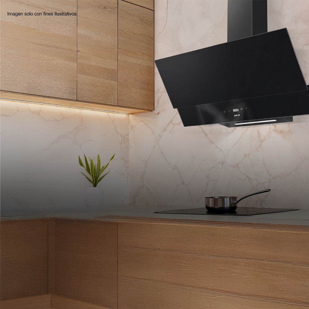 Extractor de grasa 75cm, Rectángulo 76 Black, Drija. Diseño inclinado acabado vidrio templado negro, extracción 400MCH 110-127V-60hz