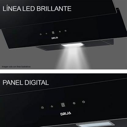 Extractor de grasa 75cm, Rectángulo 76 Black, Drija. Diseño inclinado acabado vidrio templado negro, extracción 400MCH 110-127V-60hz