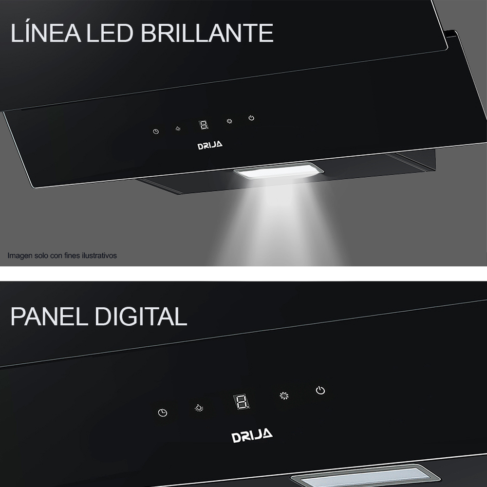 Extractor de grasa 75cm, Rectángulo 76 Black, Drija. Diseño inclinado acabado vidrio templado negro, extracción 400MCH 110-127V-60hz