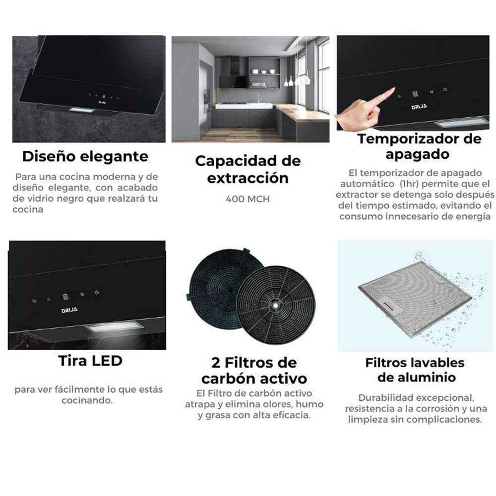 Extractor de grasa 75cm, Rectángulo 76 Black, Drija. Diseño inclinado acabado vidrio templado negro, extracción 400MCH 110-127V-60hz