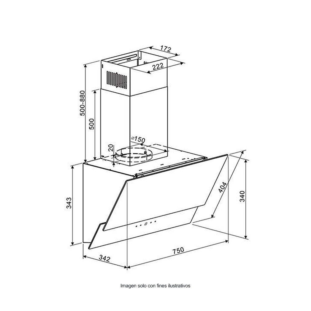 Extractor de grasa 75cm, Rectángulo 76 Black, Drija. Diseño inclinado acabado vidrio templado negro, extracción 400MCH 110-127V-60hz