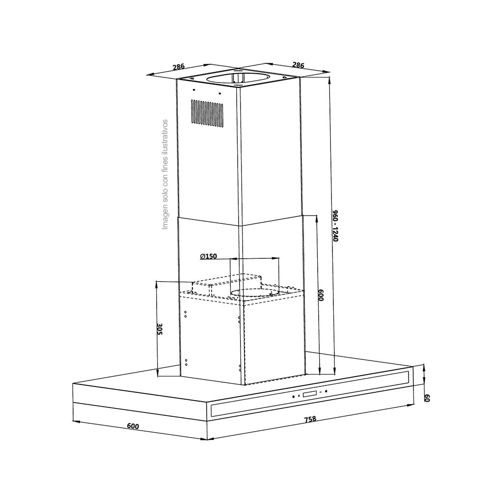 Extractor de grasa 75.8cm, Quadrato Isla 76 Black Drija, color negro, 650MCH de extracción, voltaje 110V / 60hz