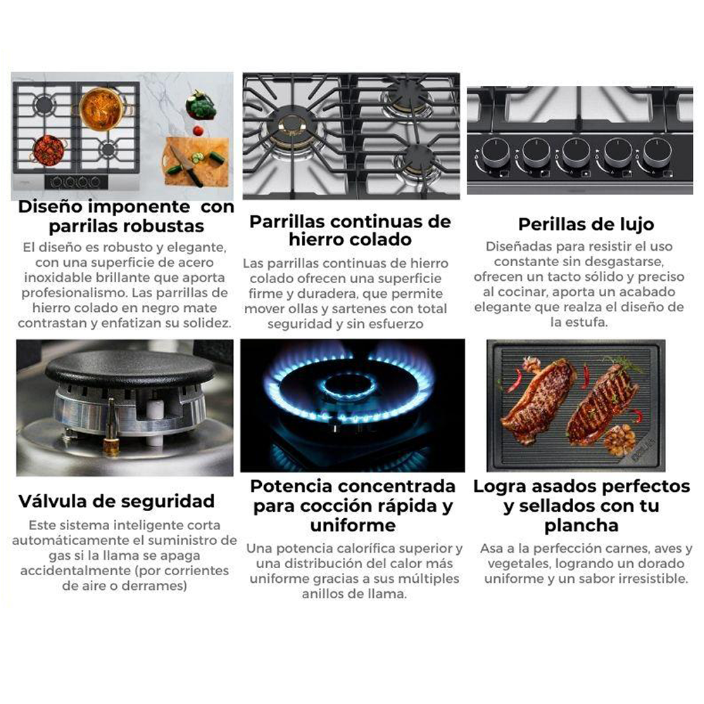 Estufa a gas LAZIO 60 Drij, acero inoxidable 304, 58cm, 4 quemadores SABAF, encendido eléctrico, voltaje 110-220V / 50-60Hz