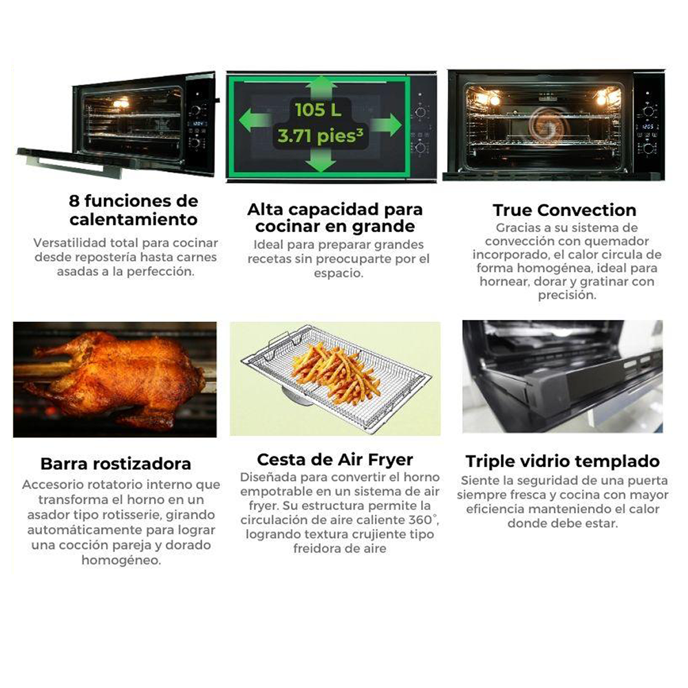Horno eléctrico empotrable AMÉRICA 90 AIR-A Drija, 105 litros, 8 funciones de calentamiento, control táctil | manual perillas, sistema True Convection, voltaje 220V, potencia 3400W