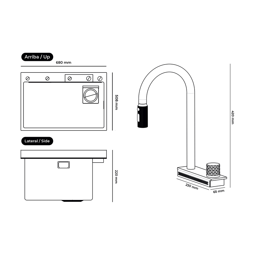 Fregador de lujo, 68 cm, CIRELLA 68, Drija, acero inoxidable satinado 304