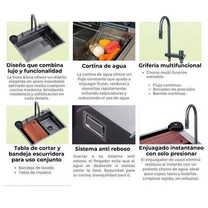 Fregador de 84cm de lujo Drija, modelo Siena, acero inoxidable satinado 304.